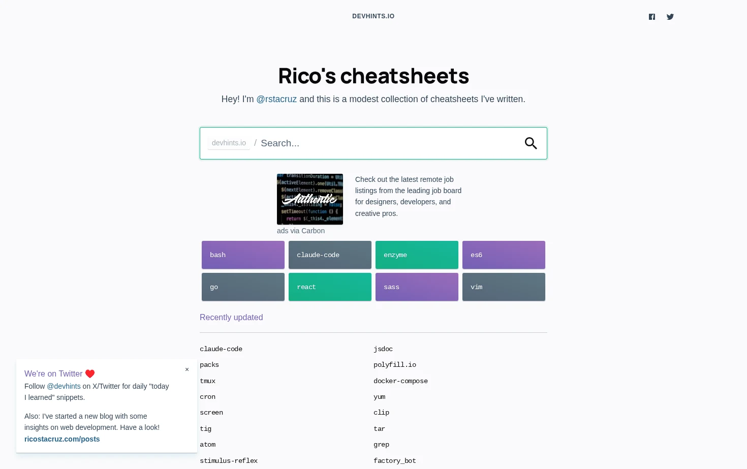 Devhints.io cheatsheets 页面快照